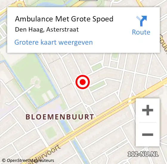 Locatie op kaart van de 112 melding: Ambulance Met Grote Spoed Naar Den Haag, Asterstraat op 8 augustus 2024 17:52