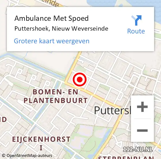 Locatie op kaart van de 112 melding: Ambulance Met Spoed Naar Puttershoek, Nieuw Weverseinde op 8 augustus 2024 18:33