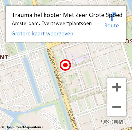 Locatie op kaart van de 112 melding: Trauma helikopter Met Zeer Grote Spoed Naar Amsterdam, Evertsweertplantsoen op 8 augustus 2024 18:41