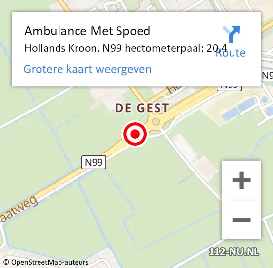 Locatie op kaart van de 112 melding: Ambulance Met Spoed Naar Hollands Kroon, N99 hectometerpaal: 20,4 op 8 augustus 2024 18:47