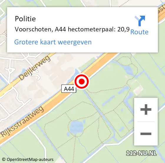 Locatie op kaart van de 112 melding: Politie Voorschoten, A44 hectometerpaal: 20,9 op 8 augustus 2024 19:20