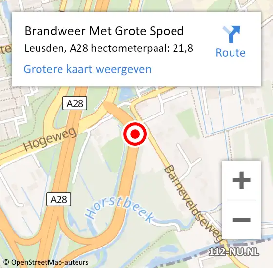 Locatie op kaart van de 112 melding: Brandweer Met Grote Spoed Naar Leusden, A28 hectometerpaal: 21,8 op 8 augustus 2024 19:26