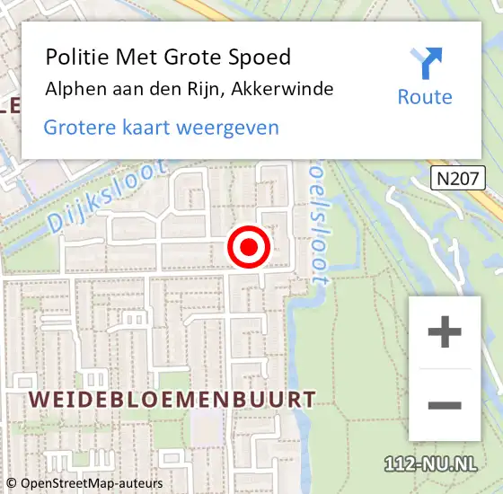 Locatie op kaart van de 112 melding: Politie Met Grote Spoed Naar Alphen aan den Rijn, Akkerwinde op 8 augustus 2024 20:14