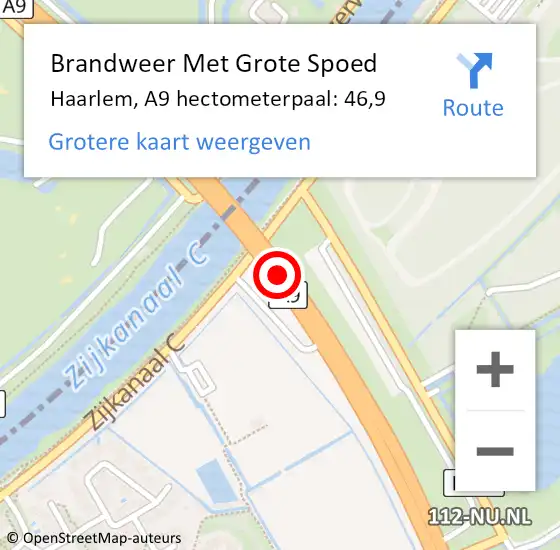 Locatie op kaart van de 112 melding: Brandweer Met Grote Spoed Naar Haarlem, A9 hectometerpaal: 46,9 op 8 augustus 2024 20:35