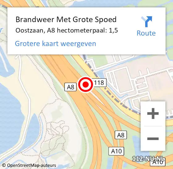 Locatie op kaart van de 112 melding: Brandweer Met Grote Spoed Naar Oostzaan, A8 hectometerpaal: 1,5 op 8 augustus 2024 20:59