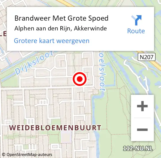 Locatie op kaart van de 112 melding: Brandweer Met Grote Spoed Naar Alphen aan den Rijn, Akkerwinde op 8 augustus 2024 22:10