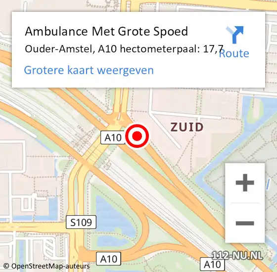 Locatie op kaart van de 112 melding: Ambulance Met Grote Spoed Naar Ouder-Amstel, A10 hectometerpaal: 17,7 op 8 augustus 2024 22:13