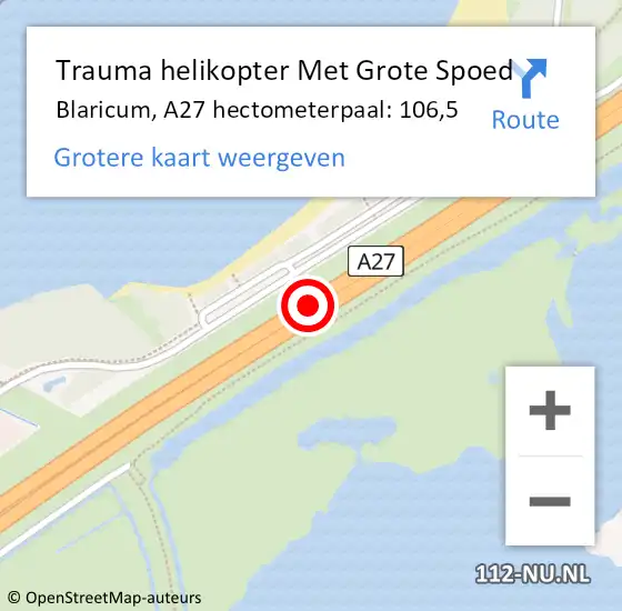 Locatie op kaart van de 112 melding: Trauma helikopter Met Grote Spoed Naar Blaricum, A27 hectometerpaal: 106,5 op 8 augustus 2024 22:17