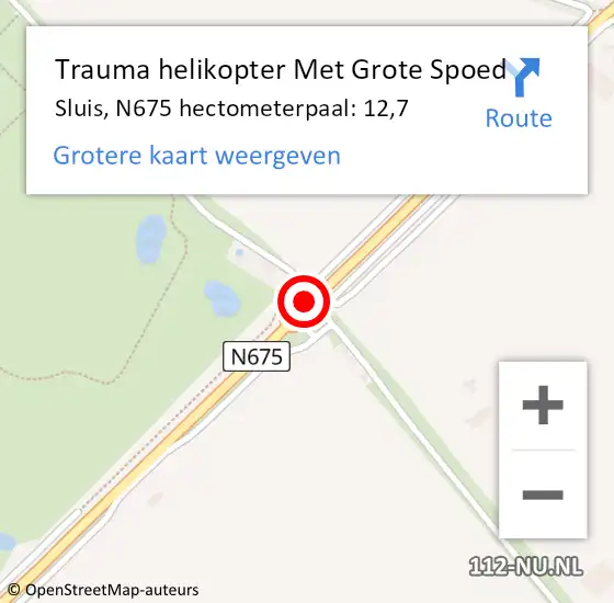 Locatie op kaart van de 112 melding: Trauma helikopter Met Grote Spoed Naar Sluis, N675 hectometerpaal: 12,7 op 8 augustus 2024 22:31