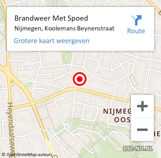 Locatie op kaart van de 112 melding: Brandweer Met Spoed Naar Nijmegen, Koolemans Beynenstraat op 9 augustus 2024 00:06