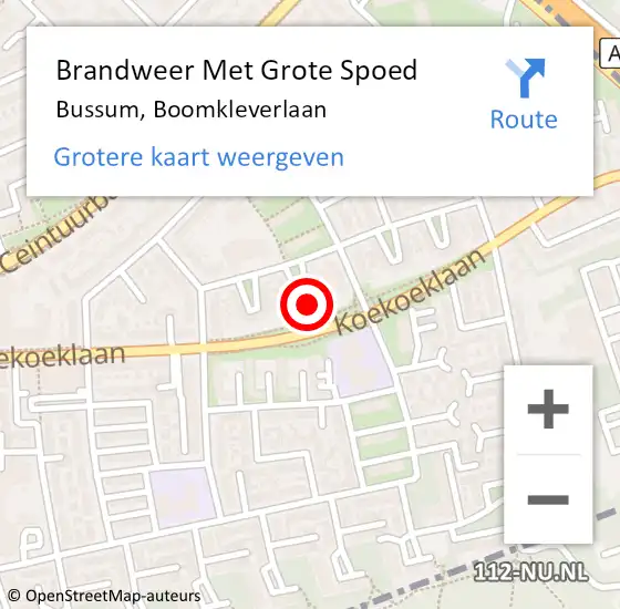 Locatie op kaart van de 112 melding: Brandweer Met Grote Spoed Naar Bussum, Boomkleverlaan op 9 augustus 2024 00:12