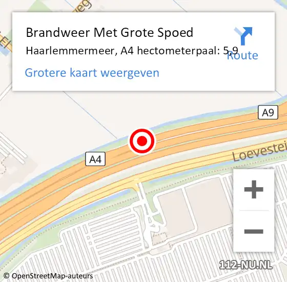 Locatie op kaart van de 112 melding: Brandweer Met Grote Spoed Naar Haarlemmermeer, A4 hectometerpaal: 5,9 op 9 augustus 2024 01:35