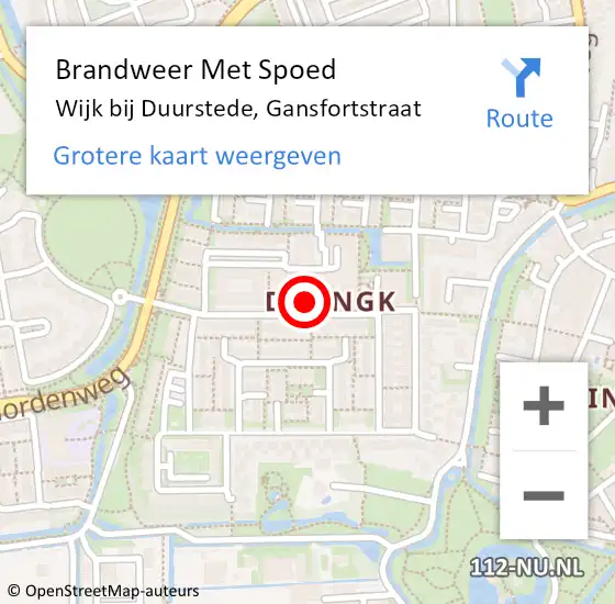 Locatie op kaart van de 112 melding: Brandweer Met Spoed Naar Wijk bij Duurstede, Gansfortstraat op 9 augustus 2024 01:59