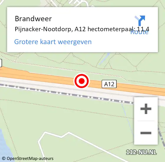 Locatie op kaart van de 112 melding: Brandweer Pijnacker-Nootdorp, A12 hectometerpaal: 11,4 op 9 augustus 2024 03:02