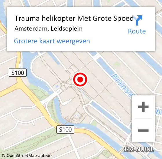 Locatie op kaart van de 112 melding: Trauma helikopter Met Grote Spoed Naar Amsterdam, Leidseplein op 9 augustus 2024 03:54