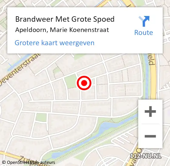 Locatie op kaart van de 112 melding: Brandweer Met Grote Spoed Naar Apeldoorn, Marie Koenenstraat op 9 augustus 2024 04:22