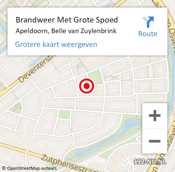 Locatie op kaart van de 112 melding: Brandweer Met Grote Spoed Naar Apeldoorn, Belle van Zuylenbrink op 9 augustus 2024 04:30