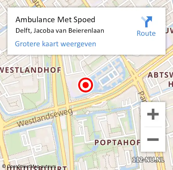 Locatie op kaart van de 112 melding: Ambulance Met Spoed Naar Delft, Jacoba van Beierenlaan op 9 augustus 2024 05:20