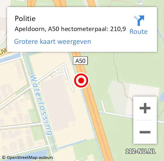 Locatie op kaart van de 112 melding: Politie Apeldoorn, A50 hectometerpaal: 210,9 op 9 augustus 2024 05:38