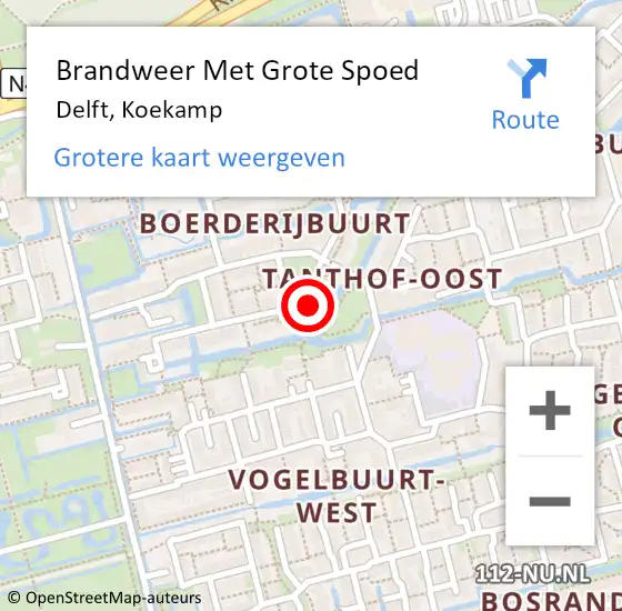 Locatie op kaart van de 112 melding: Brandweer Met Grote Spoed Naar Delft, Koekamp op 9 augustus 2024 09:12