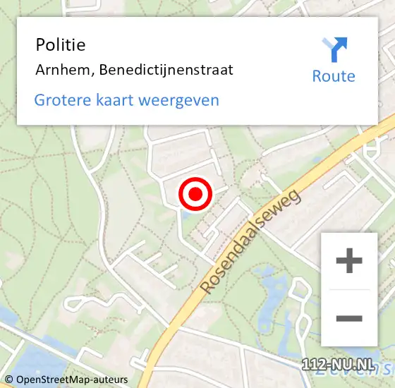 Locatie op kaart van de 112 melding: Politie Arnhem, Benedictijnenstraat op 9 augustus 2024 09:18