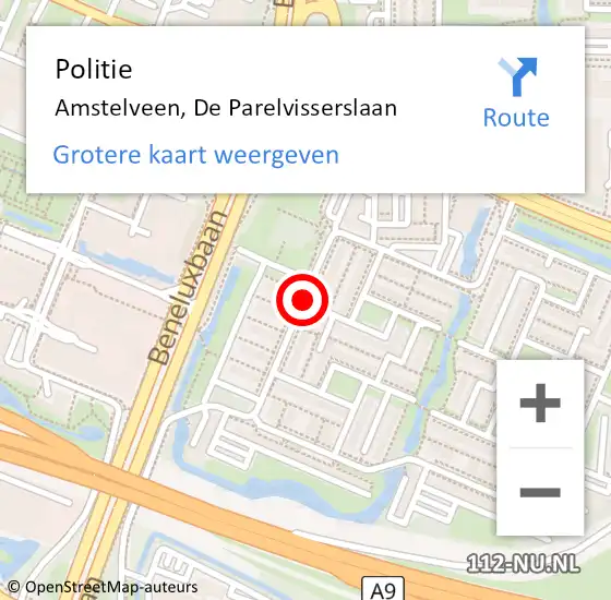 Locatie op kaart van de 112 melding: Politie Amstelveen, De Parelvisserslaan op 15 oktober 2014 19:26