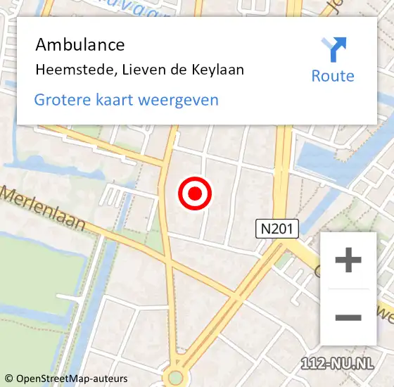 Locatie op kaart van de 112 melding: Ambulance Heemstede, Lieven de Keylaan op 9 augustus 2024 10:51