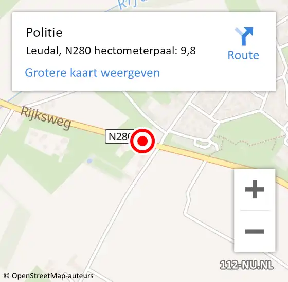 Locatie op kaart van de 112 melding: Politie Leudal, N280 hectometerpaal: 9,8 op 9 augustus 2024 11:21