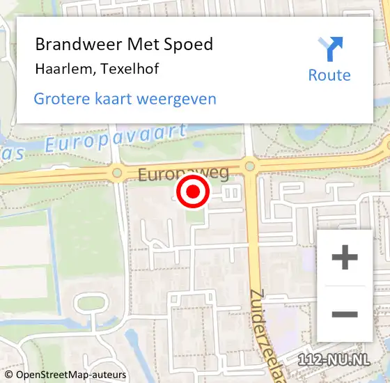 Locatie op kaart van de 112 melding: Brandweer Met Spoed Naar Haarlem, Texelhof op 9 augustus 2024 11:28