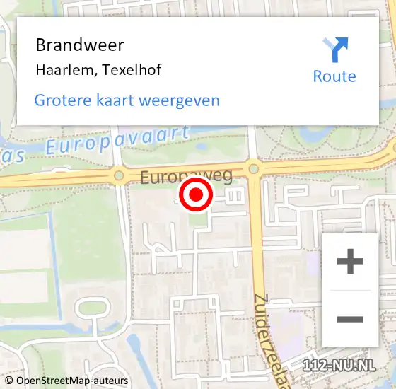 Locatie op kaart van de 112 melding: Brandweer Haarlem, Texelhof op 9 augustus 2024 11:30