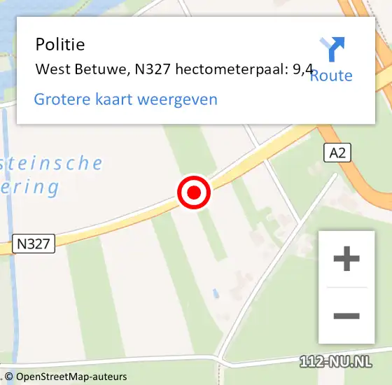 Locatie op kaart van de 112 melding: Politie West Betuwe, N327 hectometerpaal: 9,4 op 9 augustus 2024 12:56