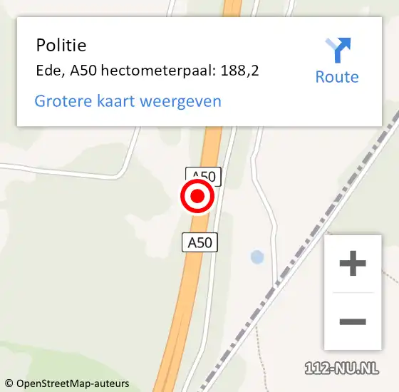 Locatie op kaart van de 112 melding: Politie Ede, A50 hectometerpaal: 188,2 op 9 augustus 2024 13:23