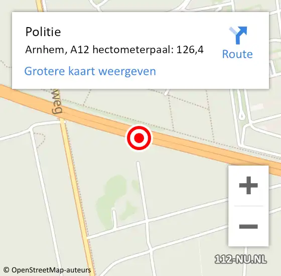 Locatie op kaart van de 112 melding: Politie Arnhem, A12 hectometerpaal: 126,4 op 9 augustus 2024 13:54