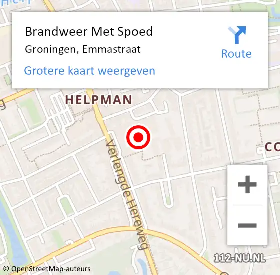 Locatie op kaart van de 112 melding: Brandweer Met Spoed Naar Groningen, Emmastraat op 9 augustus 2024 14:26