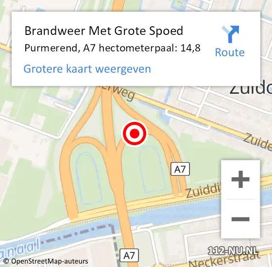 Locatie op kaart van de 112 melding: Brandweer Met Grote Spoed Naar Purmerend, A7 hectometerpaal: 14,8 op 9 augustus 2024 14:26