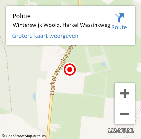 Locatie op kaart van de 112 melding: Politie Winterswijk Woold, Harkel Wassinkweg op 9 augustus 2024 14:31