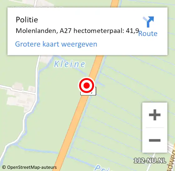 Locatie op kaart van de 112 melding: Politie Molenlanden, A27 hectometerpaal: 41,9 op 9 augustus 2024 14:31