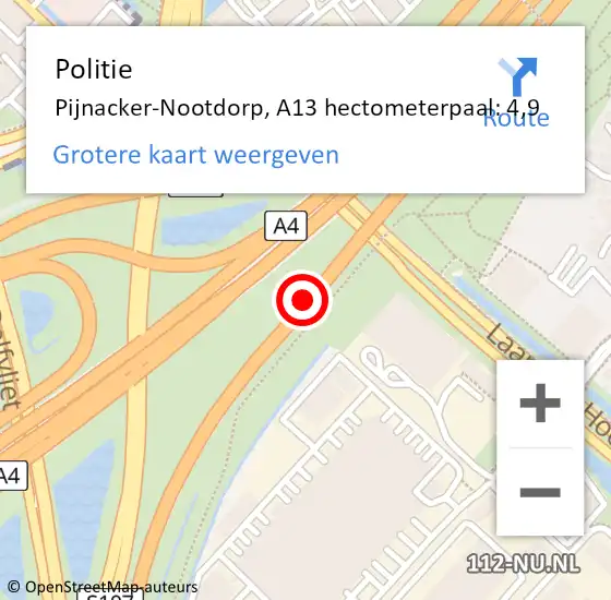 Locatie op kaart van de 112 melding: Politie Pijnacker-Nootdorp, A13 hectometerpaal: 4,9 op 9 augustus 2024 15:15