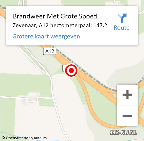 Locatie op kaart van de 112 melding: Brandweer Met Grote Spoed Naar Zevenaar, A12 hectometerpaal: 147,2 op 9 augustus 2024 15:52