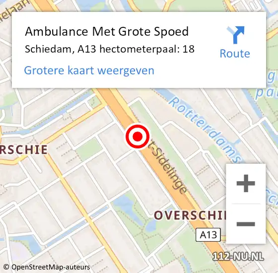 Locatie op kaart van de 112 melding: Ambulance Met Grote Spoed Naar Schiedam, A13 hectometerpaal: 18 op 9 augustus 2024 16:41