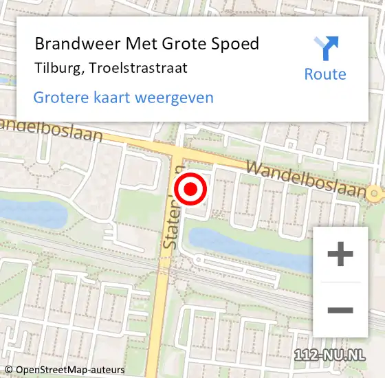 Locatie op kaart van de 112 melding: Brandweer Met Grote Spoed Naar Tilburg, Troelstrastraat op 9 augustus 2024 16:55