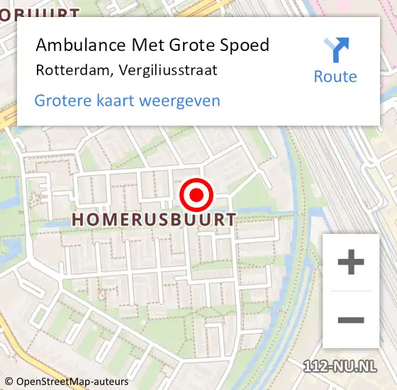 Locatie op kaart van de 112 melding: Ambulance Met Grote Spoed Naar Rotterdam, Vergiliusstraat op 9 augustus 2024 17:02