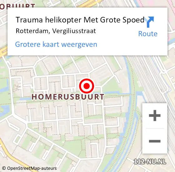 Locatie op kaart van de 112 melding: Trauma helikopter Met Grote Spoed Naar Rotterdam, Vergiliusstraat op 9 augustus 2024 17:12