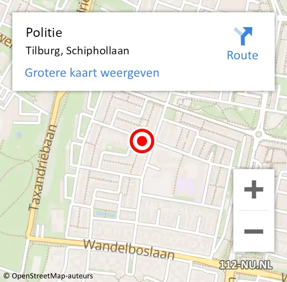 Locatie op kaart van de 112 melding: Politie Tilburg, Schiphollaan op 9 augustus 2024 18:04