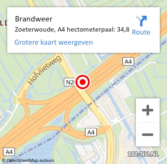 Locatie op kaart van de 112 melding: Brandweer Zoeterwoude, A4 hectometerpaal: 34,8 op 9 augustus 2024 18:10