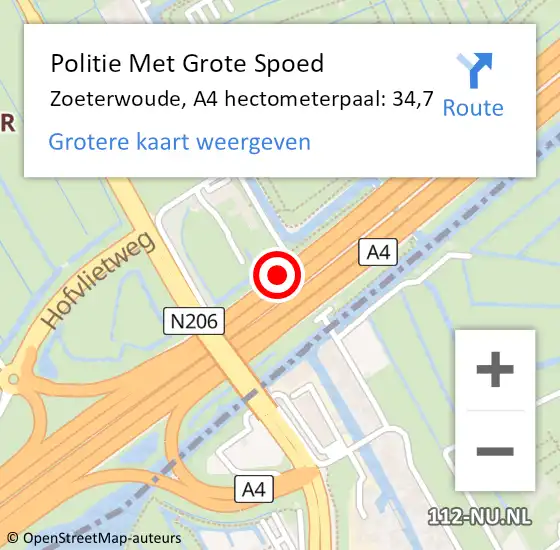 Locatie op kaart van de 112 melding: Politie Met Grote Spoed Naar Zoeterwoude, A4 hectometerpaal: 34,7 op 9 augustus 2024 18:12