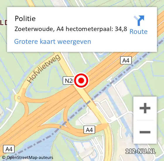 Locatie op kaart van de 112 melding: Politie Zoeterwoude, A4 hectometerpaal: 34,8 op 9 augustus 2024 18:13