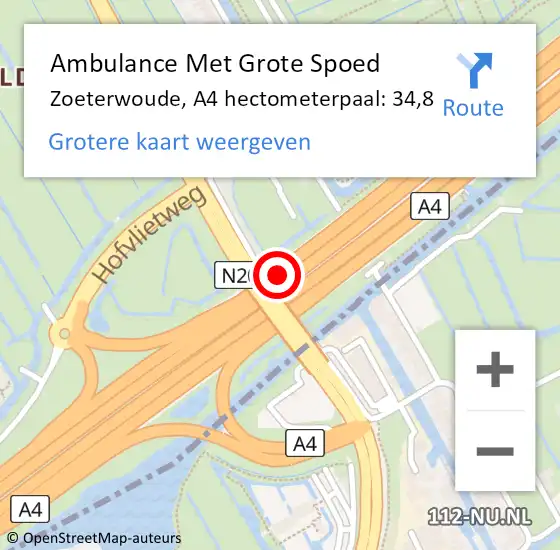 Locatie op kaart van de 112 melding: Ambulance Met Grote Spoed Naar Zoeterwoude, A4 hectometerpaal: 34,8 op 9 augustus 2024 18:14