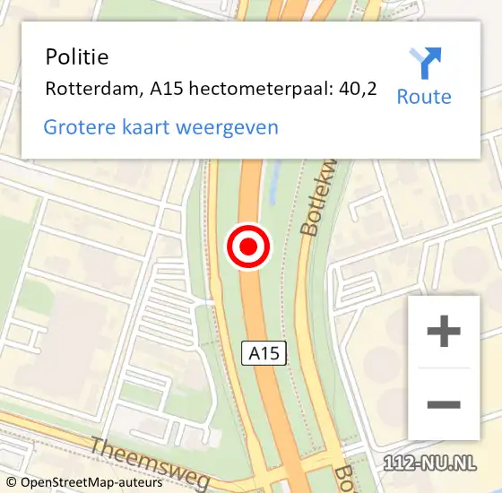 Locatie op kaart van de 112 melding: Politie Rotterdam, A15 hectometerpaal: 40,2 op 9 augustus 2024 19:02