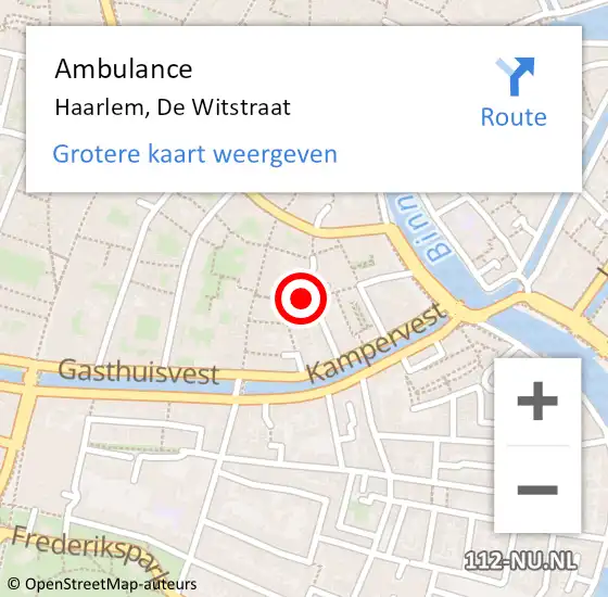 Locatie op kaart van de 112 melding: Ambulance Haarlem, De Witstraat op 9 augustus 2024 19:56